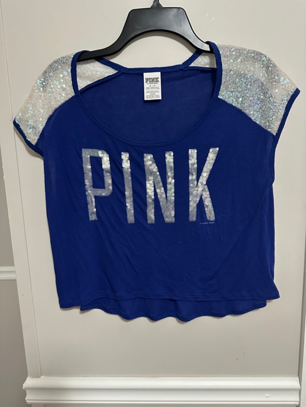 PINK Victoria's Secret Royal Blue Sequin Shoulder Crop Tee